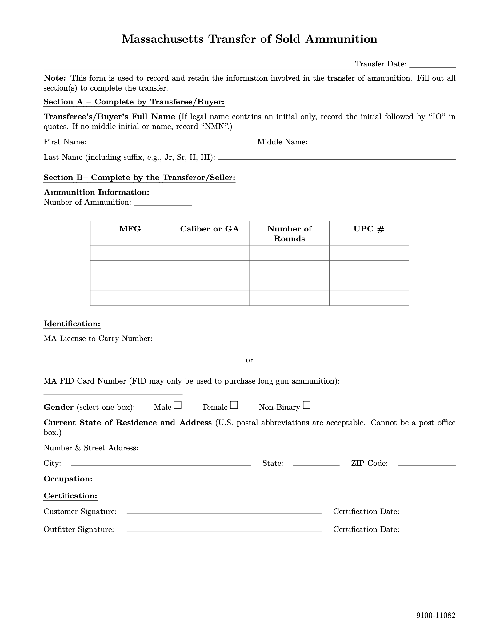 Massachusetts Transfer of Sold Ammunition Form